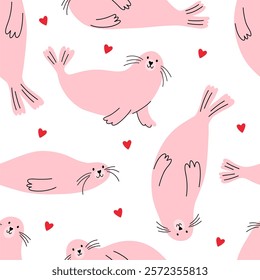 Cute cartoon Seal. Happy Valentine's Day vector card in flat style. Playful seamless pattern Seal with heart