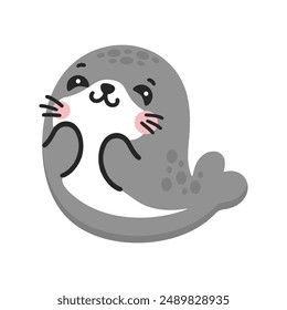 Cute cartoon seal looking happy animal flat