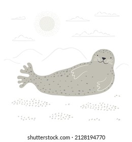 Cute cartoon seal, northern landscape, isolated. Hand drawn vector illustration. Winter animal character. Arctic wildlife. Design concept for kids fashion, textile print, poster, card, baby shower.