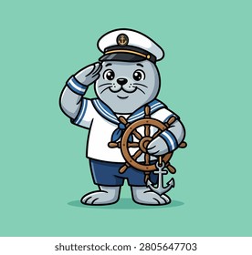 Cute cartoon seal sailor captain with ship wheel and anchor