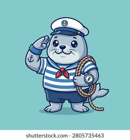 Cute Cartoon Seal Sailor Character in Captain Hat Saluting