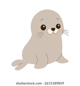 A cute cartoon seal is sitting on its back legs. The seal has a big smile on its face and is looking at the camera