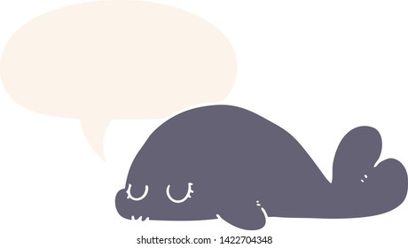 cute cartoon seal with speech bubble in retro style