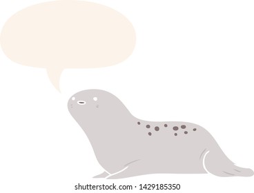cute cartoon seal with speech bubble in retro style