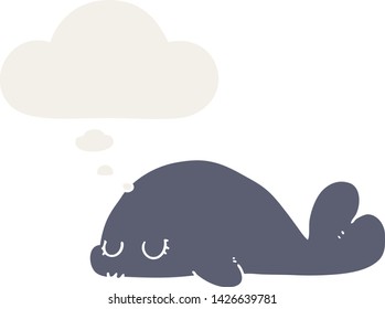 cute cartoon seal with thought bubble in retro style