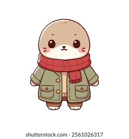 Cute cartoon seal wearing a coat and scarf.