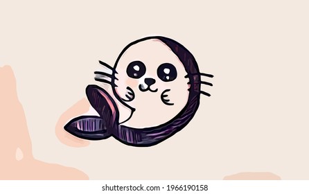 Cute Cartoon Seals with pink background . Vector illustration