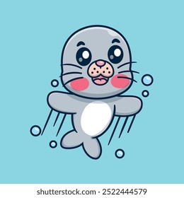 Selos de desenhos animados bonitos Natação ícone vetor ilustração. Animal Nature Icon Concept Vetor Premium Isolado. Estilo de Desenho Animado Nature