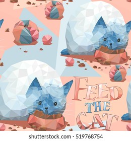 Cute cartoon seamless background, feed the cat