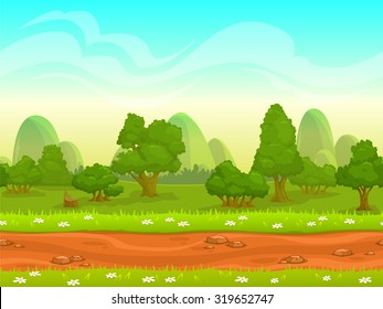 Cute cartoon seamless landscape with separated layers, summer day illustration