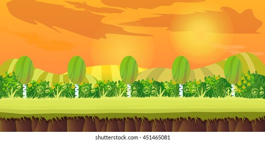 Cute cartoon seamless landscape with separated layers, summer day illustration 1024x512