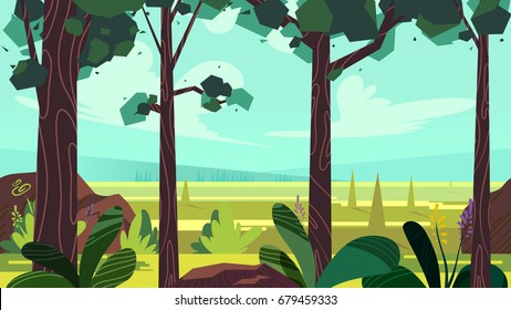 Cute cartoon seamless landscape with separated layers, summer day illustration, fits on mobile devices and may be scaled for desktop size. 1920x1080
