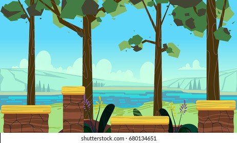 Cute cartoon seamless landscape with separated layers, summer day illustration, fits on mobile devices and may be scaled for desktop size. 1920x1080