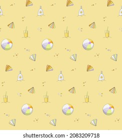 A cute cartoon seamless pattern about relaxing on the beach. Seashells, sunscreens, drink glasses and bouncy balls are evenly spaced against a yellow sandy background. Sunny vector illustration