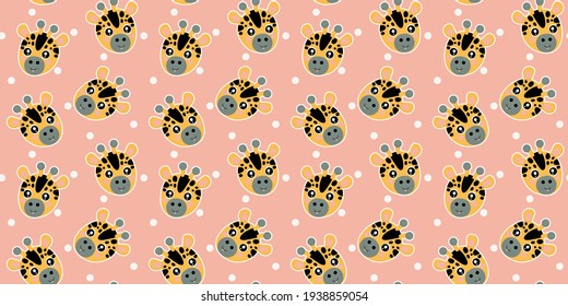 Cute cartoon seamless pattern of a baby giraffe muzzles with ruddy pink cheeks, protruding tongues, white circles on a pink background. The faces of African animals for nursery decor, apparel. Vector.