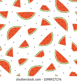 Cute cartoon seamless pattern background with watermelon slices and seeds for summer design.