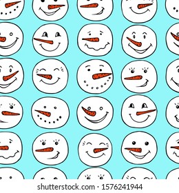 Cute cartoon seamless pattern background with snowman heads on blue background. Christmas design. 