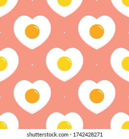 Cute cartoon seamless pattern background with heart-shaped fried eggs and dots for romantic breakfast design.