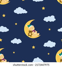 Cute cartoon seamless pattern with bear sleeping on the moon for decorative,fabric,textile,kid product and all print,vector illustration