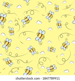 Cute cartoon seamless pattern with bees and clouds. Vector illustration on the yellow background. 