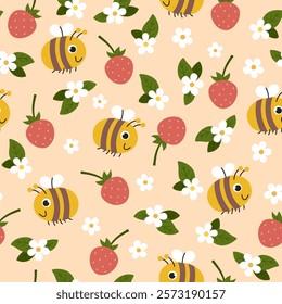 Cute cartoon seamless pattern with bees, strawberries and flowers. Children's repeating hand drawn background for fabric, wrapping paper and other designs. Warm cozy colors.