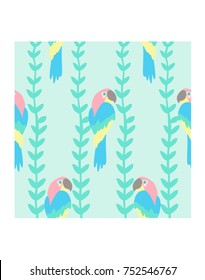 cute cartoon seamless pattern bird parrot with leaf in soft color pastel green background vector design illustration for printable fabric wrap paper wallpaper label tag card book or textile