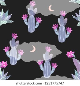 Cute cartoon seamless pattern with blooming cacti and succulents, moon and clouds. Funny night landscape. Desert landscape. Print for fabric, wallpaper.