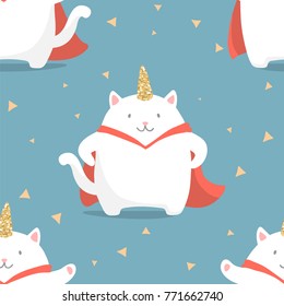 cute cartoon seamless pattern with caticorn in flat style with gold glitter texture. cat with unicorn horn. trendy sticker, t-shirt print or patch design. 