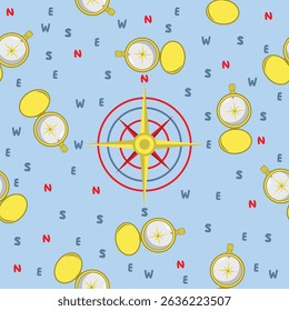 Cute cartoon seamless pattern with compass and cardinal directions on blue background