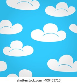 Cute cartoon seamless pattern with different  clouds on blue sky. Eps10