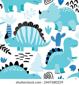 Patrón sin fisuras de dibujos animados lindos con dinosaurios y palmeras y cactus en estilo escandinavo. Fondo infantil de Vector creativo