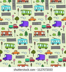 Cute cartoon seamless pattern with doodle city transport. Summer street childish texture with public transportation, trees, roads, traffic lights for kids textile, wrapping paper, background, package