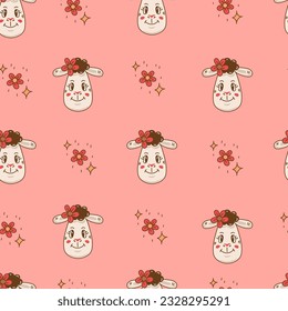 Cute cartoon seamless pattern with doodle sheep. Hand drawn pastel colored pink endless background with smiling female lamb head, flowers and stars. Childish repeat vector illustration