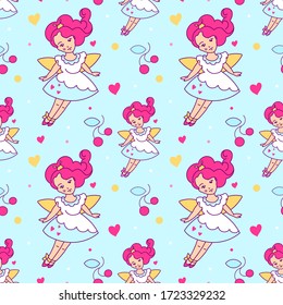 Cute cartoon seamless pattern with an enchantress. Used as a wrapping paper, decoration for kids' goods, tag, flyer, invitation.