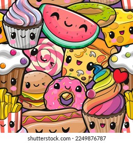 Cute Cartoon Seamless Pattern with fast food