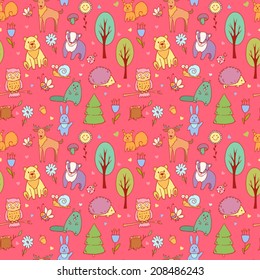 Cute cartoon seamless pattern with forest animals