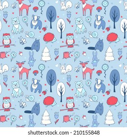 Cute cartoon seamless pattern with forest animals on blue background
