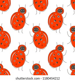 Cute cartoon seamless pattern with funny red bug: ladybird. Vector art concept in children illustration style. Can be used for poster, banner, background, t-shirt print, label, cover, wrapping