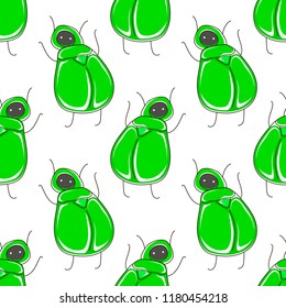 Cute cartoon seamless pattern with funny green bug: scarab. Vector art concept in children illustration style. Can be used for poster, banner, background, t-shirt print, label, cover, wrapping