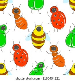 Cute cartoon seamless pattern with funny bugs: ladybird, ant, bee, scarab. Vector collection in children illustration style. Can be used for poster, banner, background, t-shirt print, label, wrapping