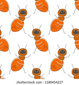 Cute cartoon seamless pattern with funny brown bug: ant. Vector art concept in children illustration style. Can be used for poster, banner, background, t-shirt print, label, cover, wrapping