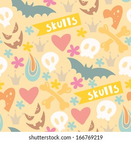 Cute cartoon seamless pattern with funny skulls, letters, hearts, flowers and crowns in gentle colors.