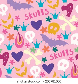 Cute cartoon seamless pattern with funny skulls, letters, hearts, flowers and crowns in gentle colors.