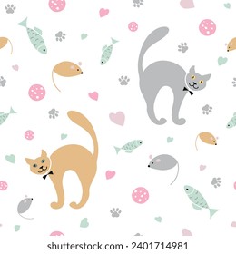 Cute cartoon seamless pattern with funny friendly cats with bow ties surrounded with hearts, paw prints, toys and treats in soft pastel colors on transparent background