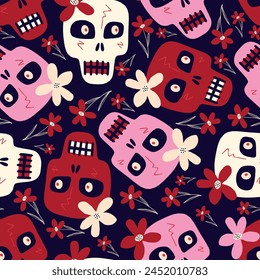 cute cartoon seamless pattern with funny skulls with a flowers