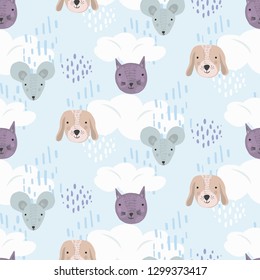 Cute cartoon seamless pattern with gray mice, brown dogs and purple cats heads on blue sky with clouds background. Funny texture with pets for kids design, wallpaper, textile, wrapping paper