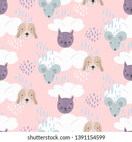 Cute cartoon seamless pattern with gray mice, brown dogs and purple cats heads on pink sky with clouds and dots. Funny texture with pets for kids design, wallpaper, textile, wrapping paper, background