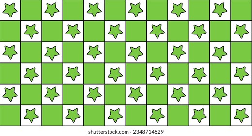 Cute cartoon seamless pattern green chessboard cage with stars cartoon style.Vector EPS10