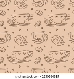 lindo dibujo animado sin fisuras con tazas hechas a mano de café y té. ilustración vectorial