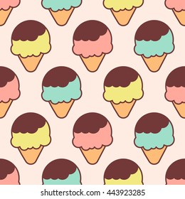 Cute cartoon seamless pattern with ice cream cones on light background. Vector illustration.